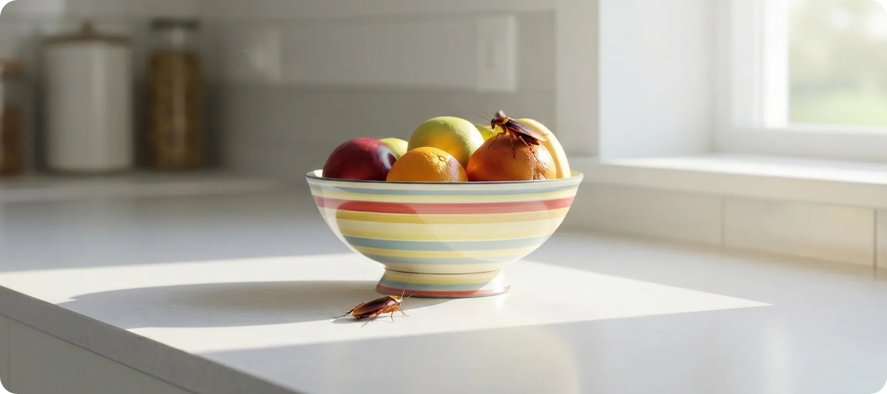 Kitchen counter before pest treatment, with a cockroach visible near a fruit bowl
