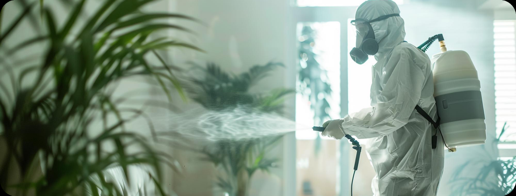 APCO technician spraying eco-friendly pest treatment in a living room