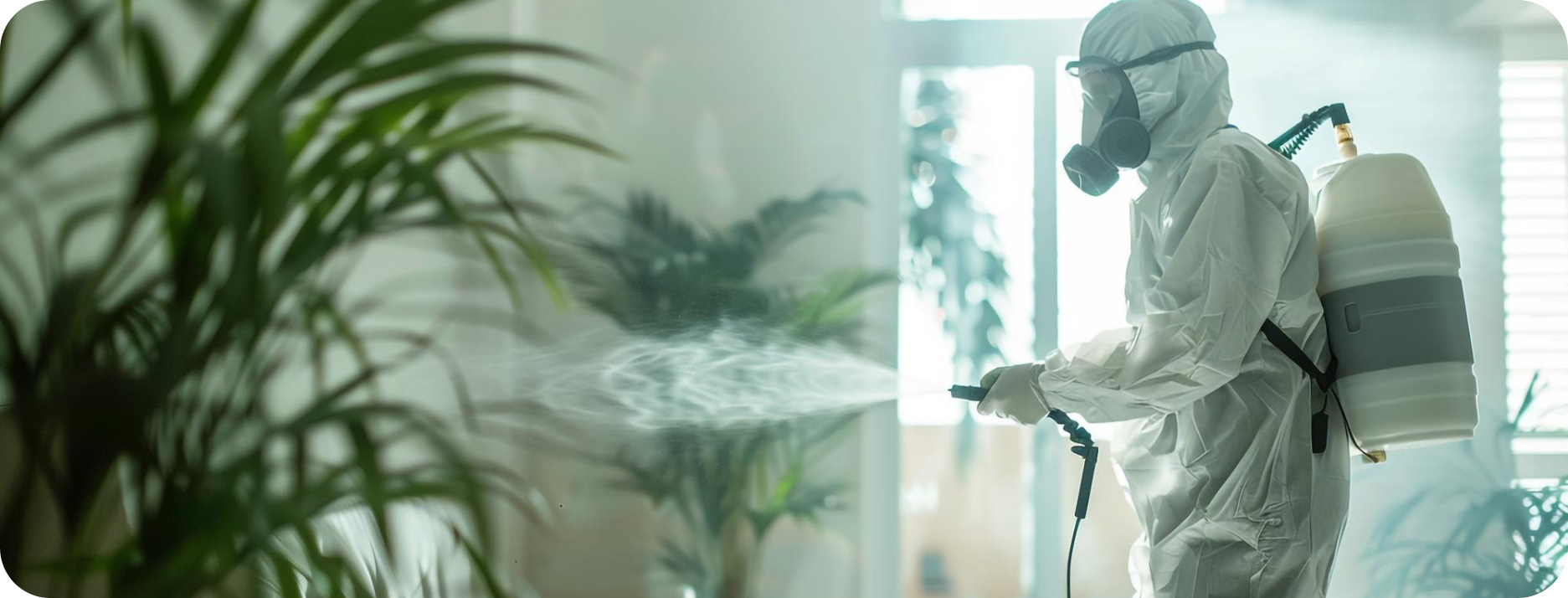 APCO technician spraying eco-friendly pest treatment in a plant-filled living room