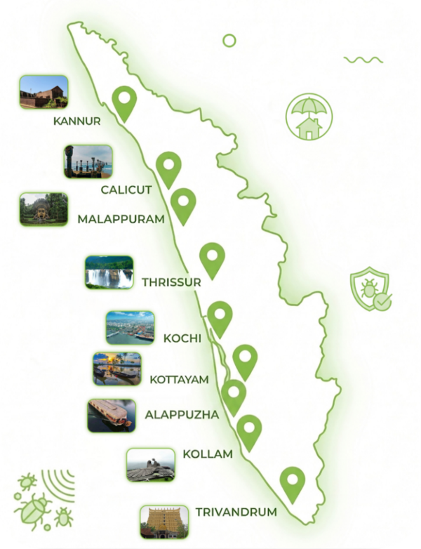 Map of Kerala showing APCO service coverage across Kannur, Calicut, Malappuram, Thrissur, Kochi, Kottayam, Alappuzha, Kollam and Trivandrum