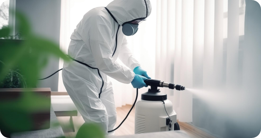 Technician treating curtains and windows for pests