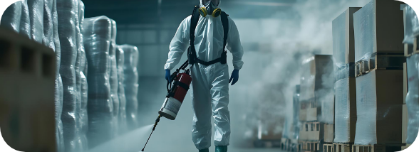 Technician spraying a warehouse aisle
