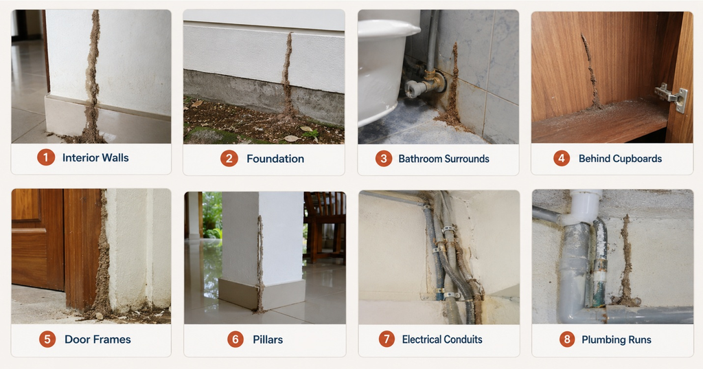 Common locations where termite mud tubes are found in Kerala homes